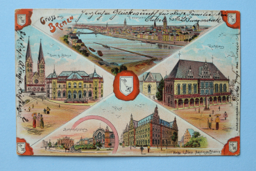 Ansichtskarte Litho AK Gruß aus Bremen 1901 Panorama Dom Börse Rathaus Bahnhof Platz Post Schlüssel Architektur Ortsansicht